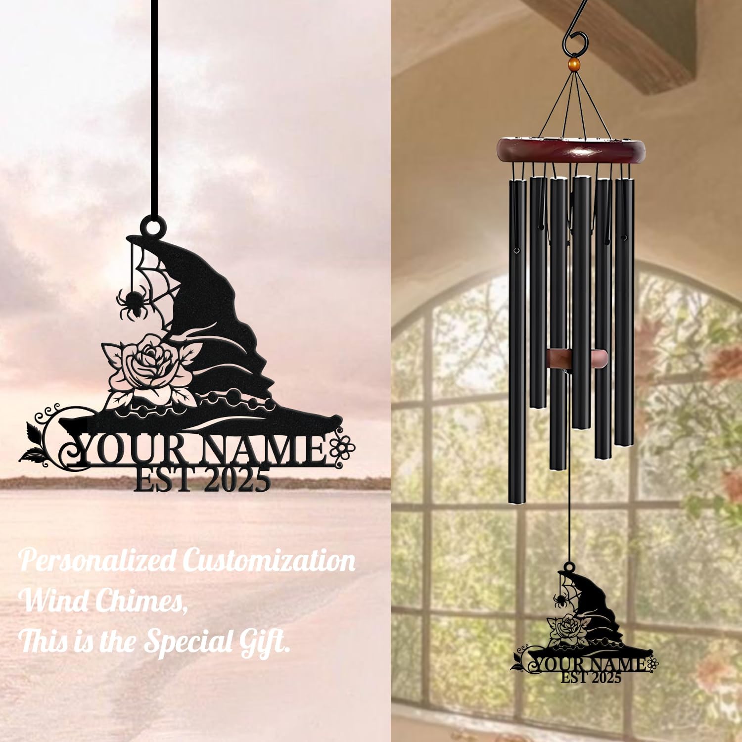 Personalized Customize Name Witch Magic Lover Wind Chime, Metal Iron 37 Inch Outdoor Memorial Gift for Garden Yard Patio Home Decor, Black (Style B)