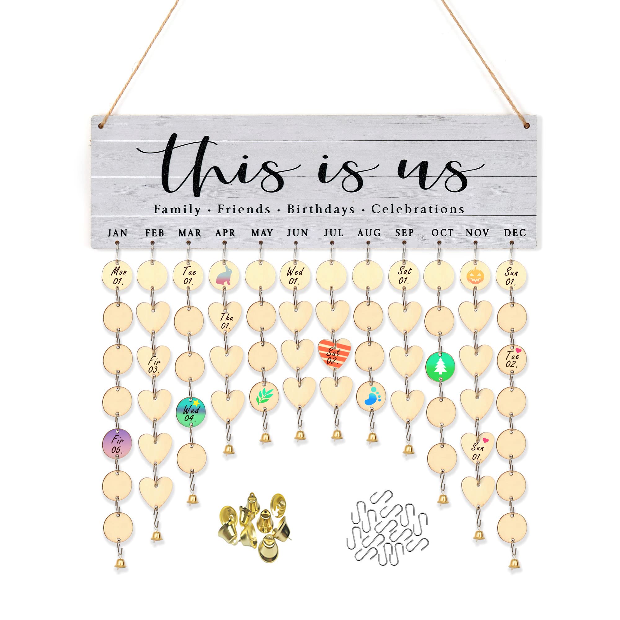 ATOBART This is us Birthday Calendar with Tags Birthday Reminder Board Wood Birthday DIY Tracker Plaque Wall Hanging Handmade Home Decor Wood Round & Heart Chips, Gold Bell