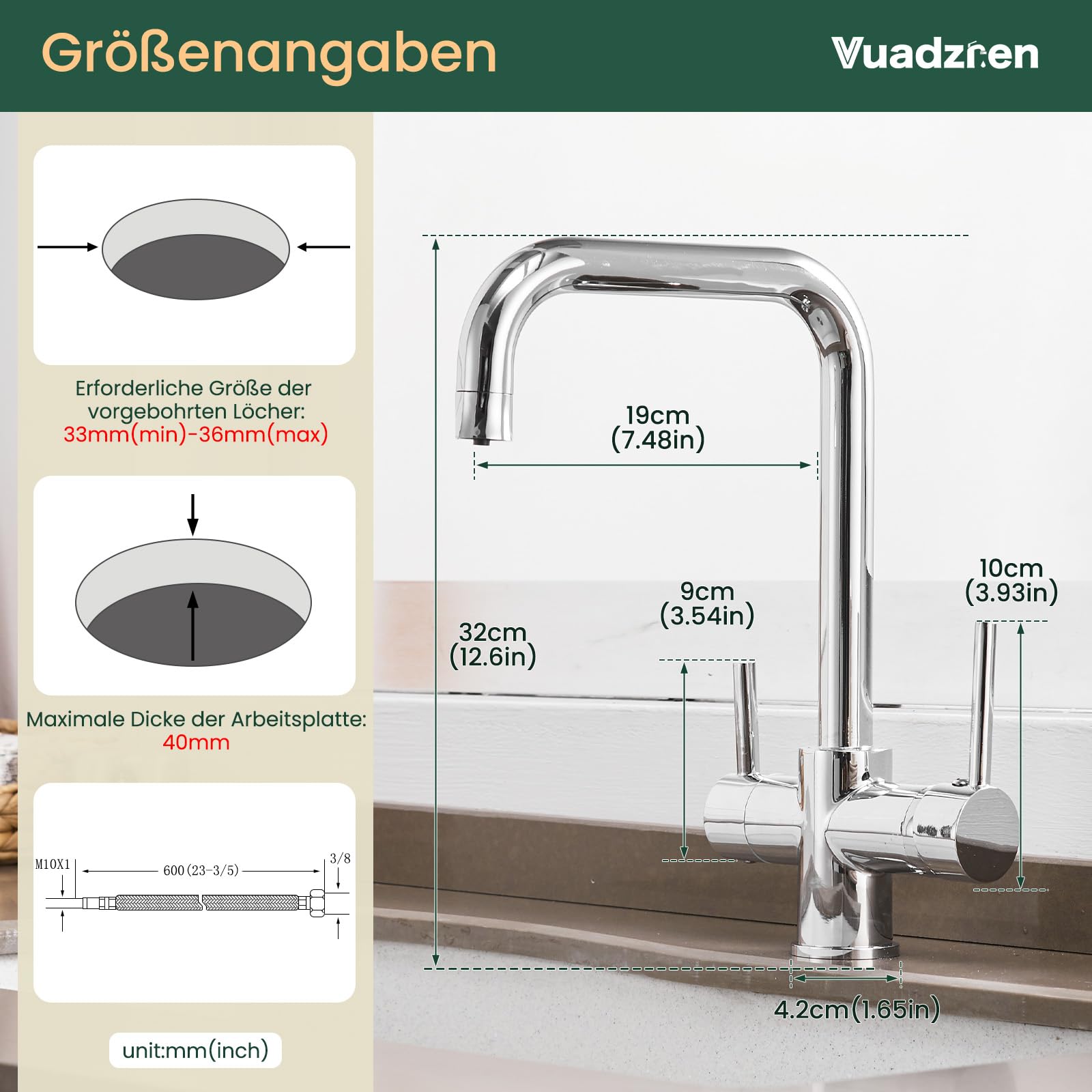 Grifo de cocina de latón de 3 vías, mezclador de dos mandos para montaje en un solo orificio, caño giratorio 360° con función de agua potable (3 en 1), incluye mangueras de conexión G3/8