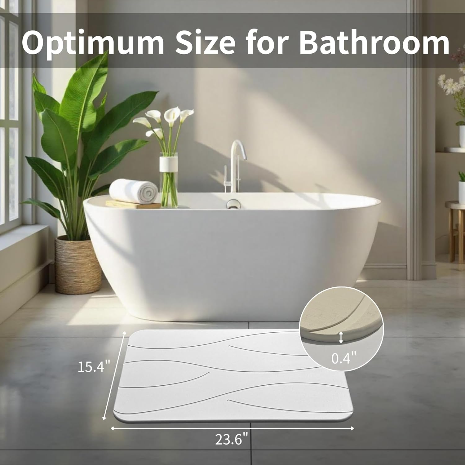 Stone Bath Mat Diatomaceous Earth Shower Mat Non-Slip Super Absorbent Diatomite Stone Bath Mats for Bathroom Floor Quick Drying Natural Easy to Clean(Dark Gray, 23.6''×15.4") (Wave-White) - Image 2