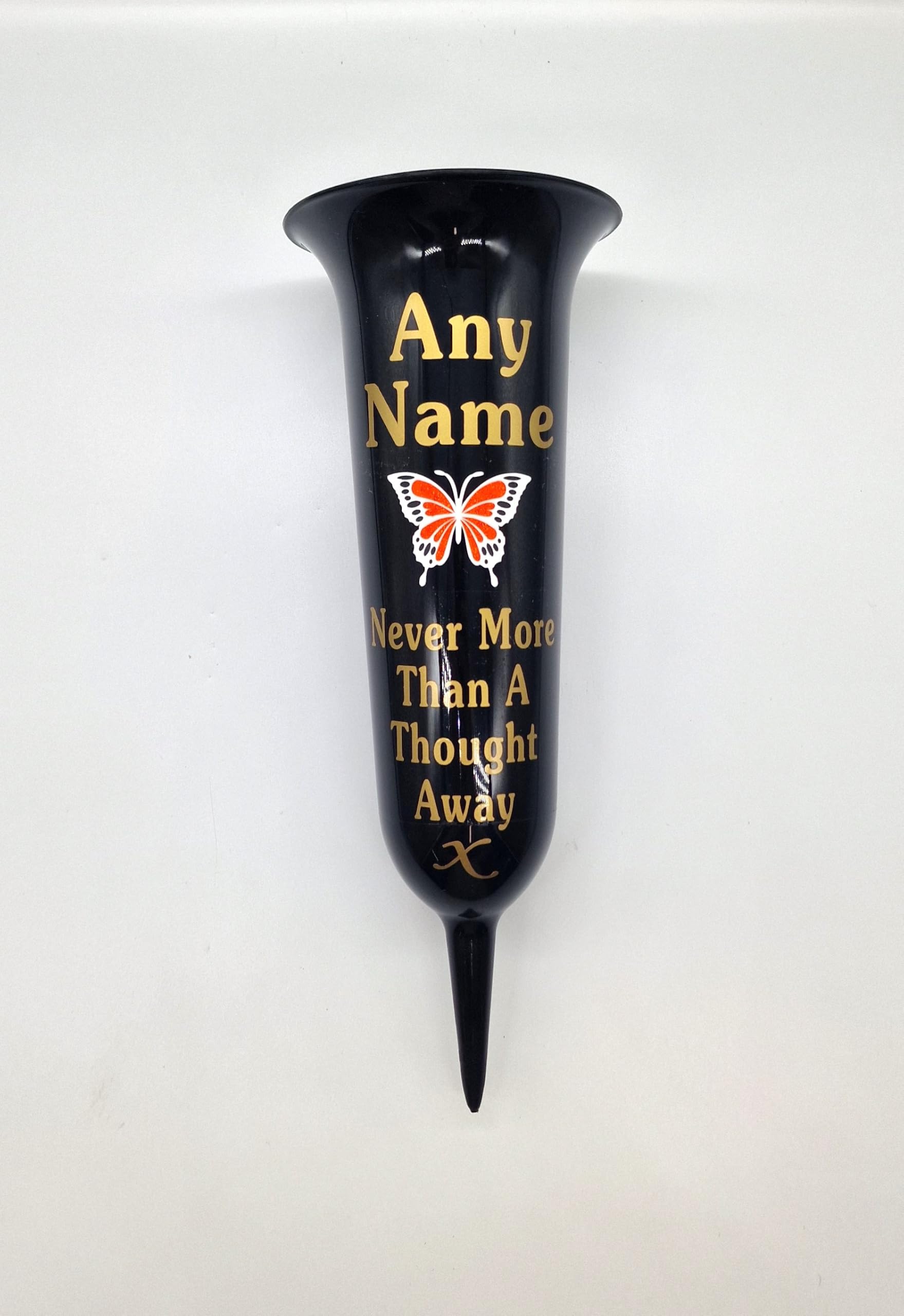 Personalised Memorial Grave Vase with Butterfly Design, Never More Than A Thought Away, Available (Black Glossy - Orange Butterfly - Gold Writing)