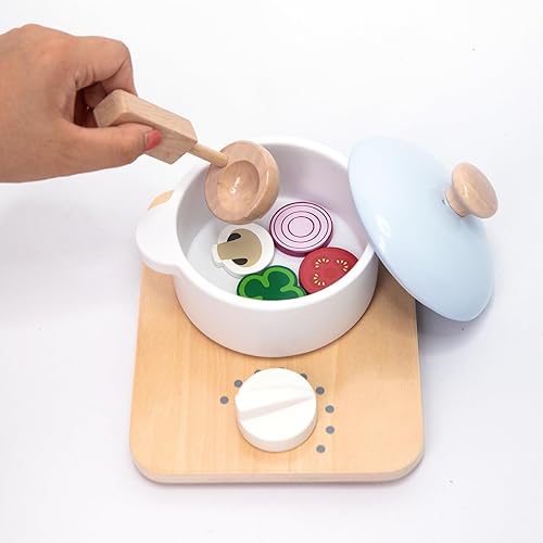 Miniatura 6 de UMU® Juego de cocina de madera para niños, juguete de cocina de 18 piezas con ollas, sartenes, comida de juego, utensilios, delantal y sombrero de