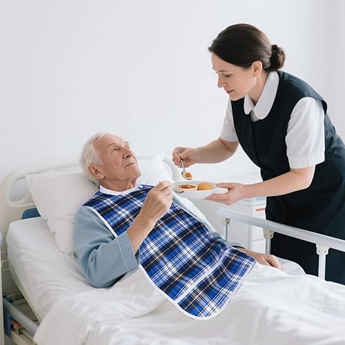 Miniatura 8 de Baberos para adultos, protector de ropa impermeable con atrapador de migas, baberos de comedor reutilizables para ancianos, hombres y mujeres Azul,