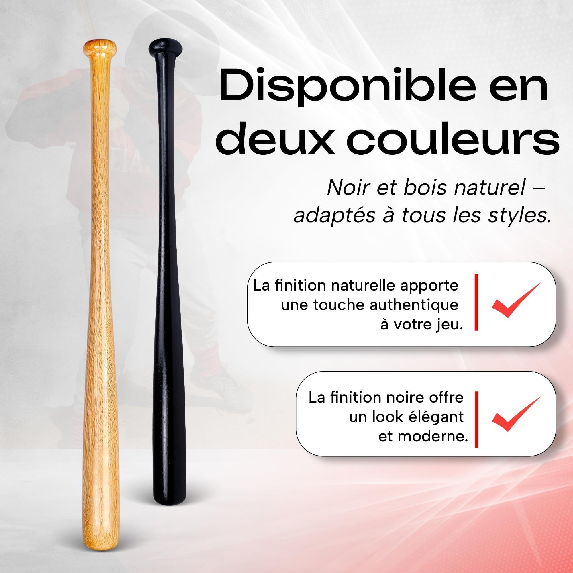 Redfield - Batte de Baseball - Bois Massif écologique - 30 Pouces (76cm) - 2 Couleurs au Choix - Noir ou Bois Naturel