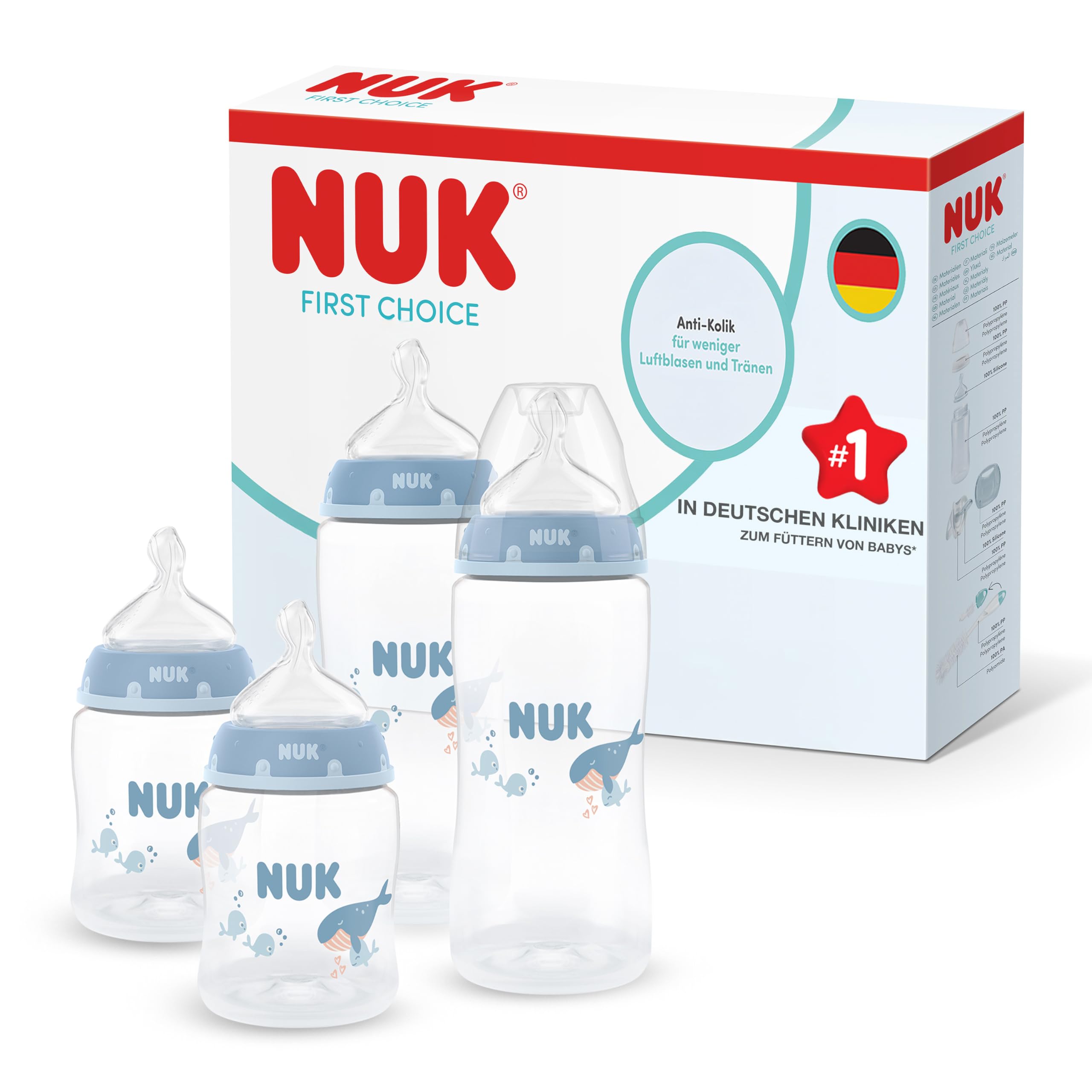 NUK First Choice Babyflaschen | 0-3+ Monate | 150ml & 300 ml | Anti-Kolik-Trinkflasche | PP | Temperature Control Anzeige | Wal | 4 Stück
