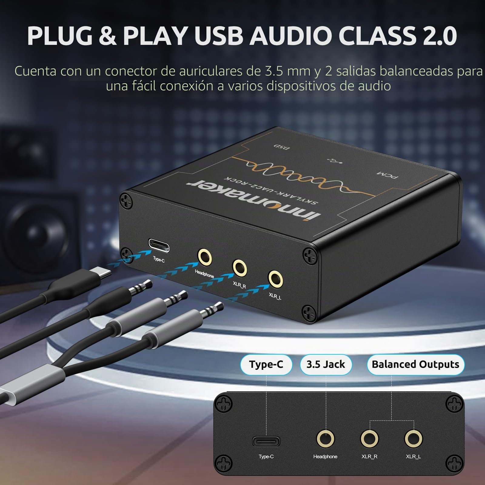 DAC USB HiFi/Amplificador de auriculares Salidas 3,5 mm/XLR ES9038Q2M PCM 32Bits/768kHz o DSD256 Pantalla FFT del espectro de audio Tarjeta de sonido para PC/ordenadores portátiles/SBC (no compatible
