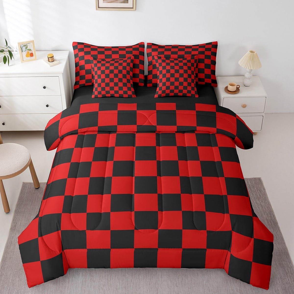 Feelyou Checkered 7 Piece Bedding Set Teen Red Black Plaid Comforter Set with Sheets Queen Size Kids Boys Cute Retro Neutral Checkerboard Geometric Bed in a Bag Vintage Aesthetic Room Decor
