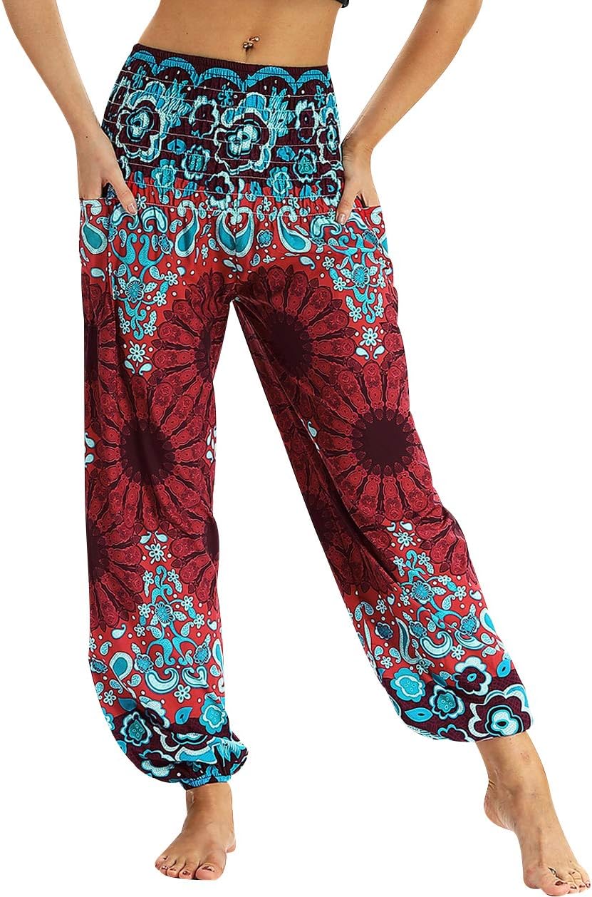 Harem Pants Womens Thai Baggy Aladdin Trousers Bohemian Hippie Yoga Dance Parachute Genie Pants Ladies Boho Patterned Wide Leg Trousers Loose Casual Beach Thailand Jumpsuit Summer Plus Size