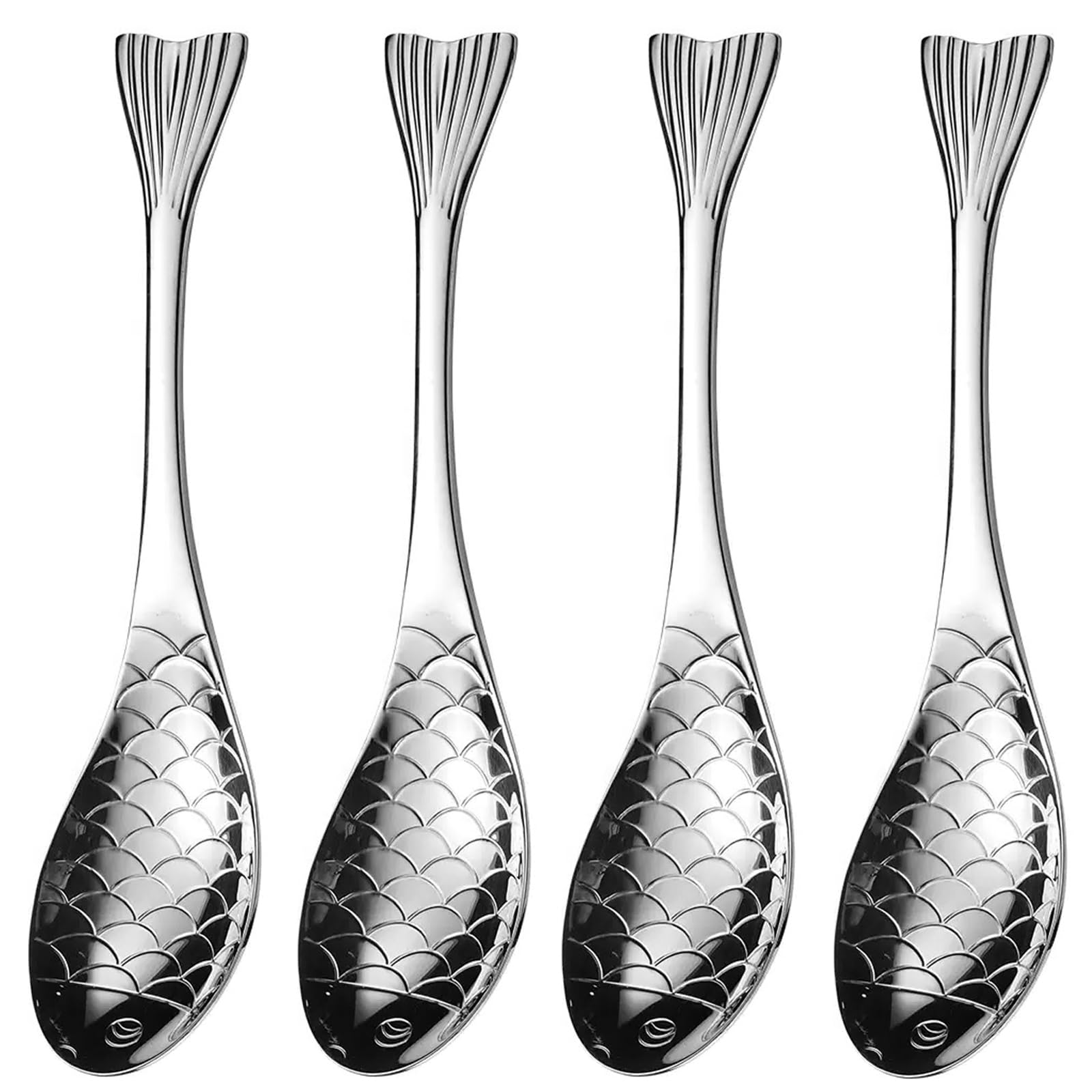 4Pcs Silver Fish Spoon 18/10(304) Stainless Steel Asian Soup Spoon Short Handle Spoon for Porridge Cereal Rice
