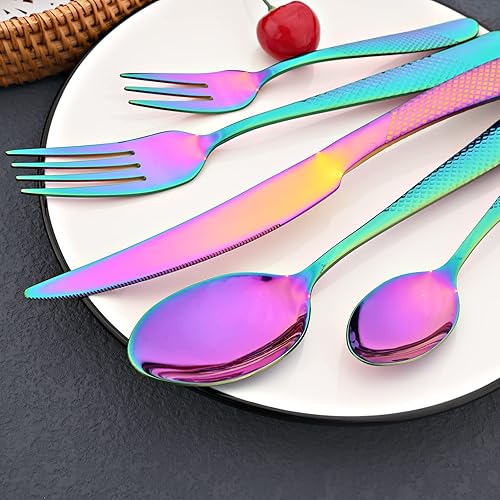 Miniatura 7 de JASHII Rainbow - Juego de cubiertos martillados, 20 piezas de utensilios de cocina de acero inoxidable de alta calidad, para 4, incluye tenedor y