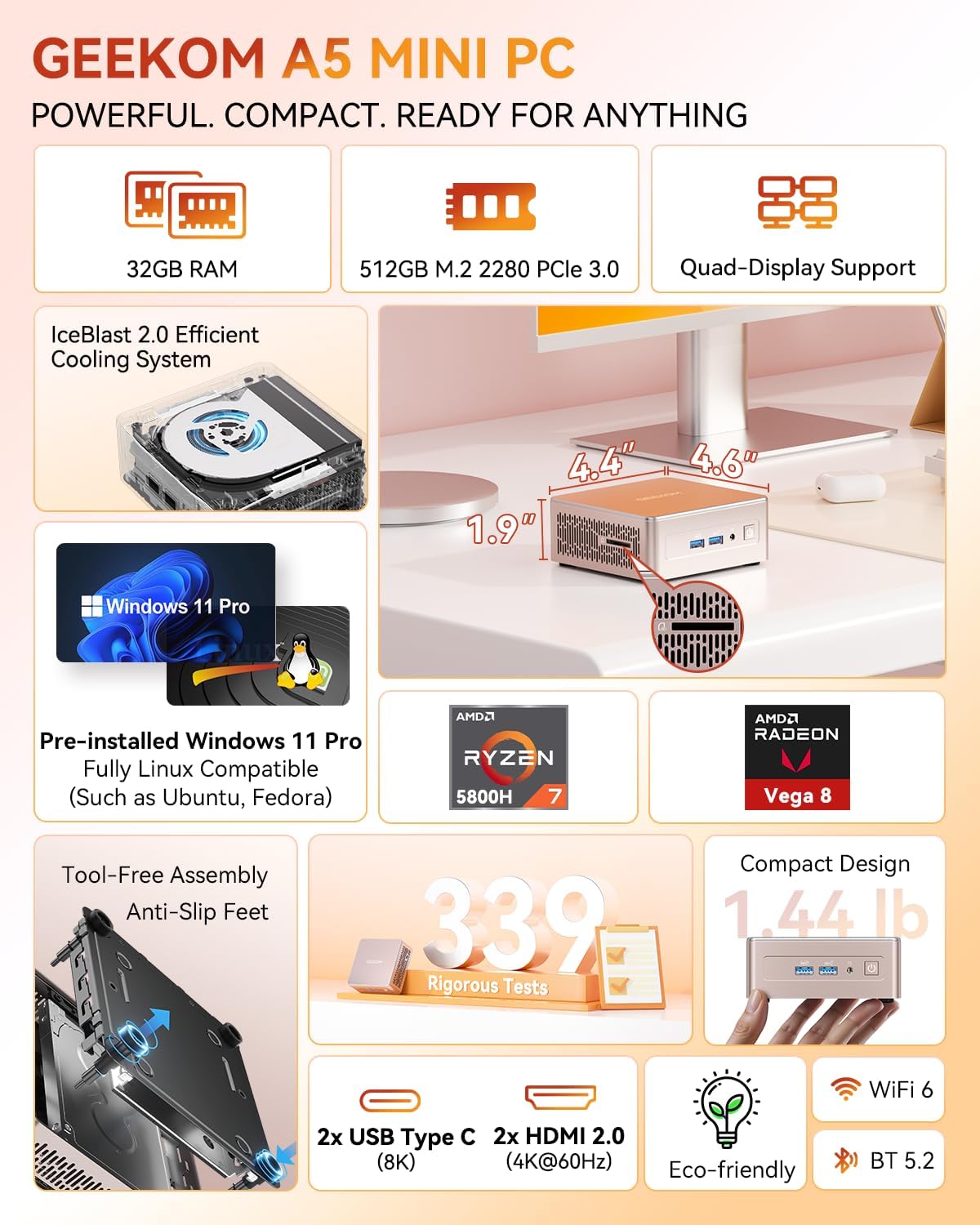 GEEKOM A5 Mini PC with AMD Ryzen 7 5800H, 3-Year Coverage, 32GB RAM(Upgradable, Not LPDDR)&512GB M.2 NVMe SSD, Windows 11 Pro Desktop Computer,SD Slot, 8K, Dual HDMI | Wi-Fi 6, BT 5.2 | Home & Office