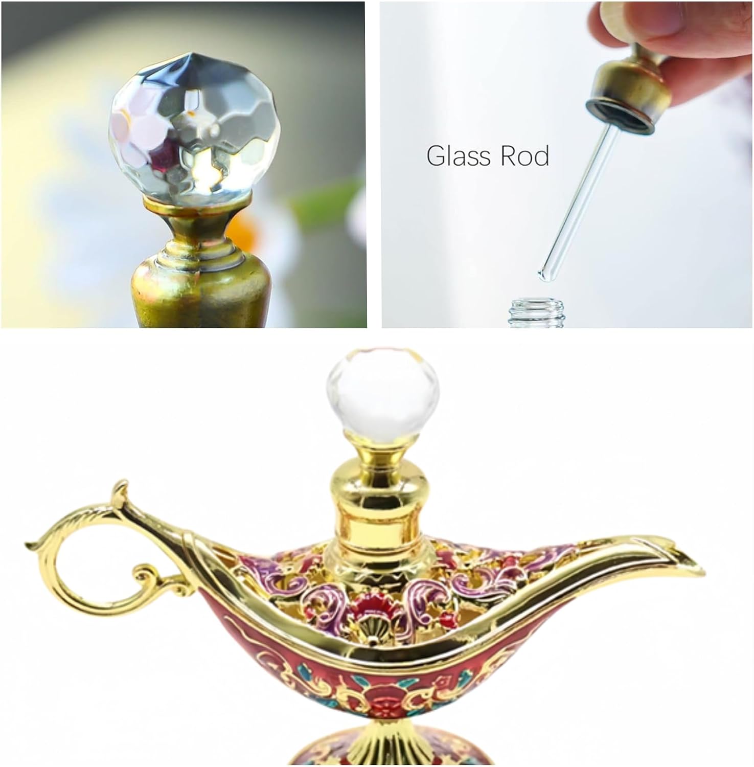 Pretty God's lamp Vintage Perfume Bottles Empty Refillable for Women, Ornate Glass Decor Perfume Vial, Egyptian Antique Crystal Decorative Essential Oil Bottles (Gold/Red)