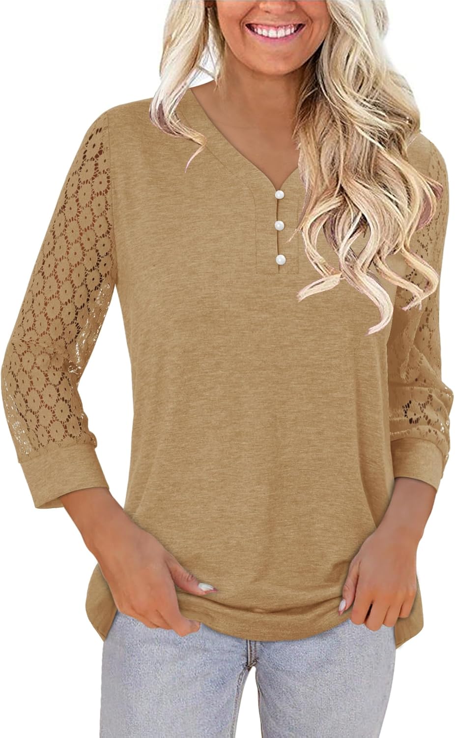 CRAZY GRID 3/4 Length Sleeve Womens Tops V-Neck Lace Tunic Button Down Business Casual Blouses Fall Trendy Outfits 2026 S-XXL - Image 3