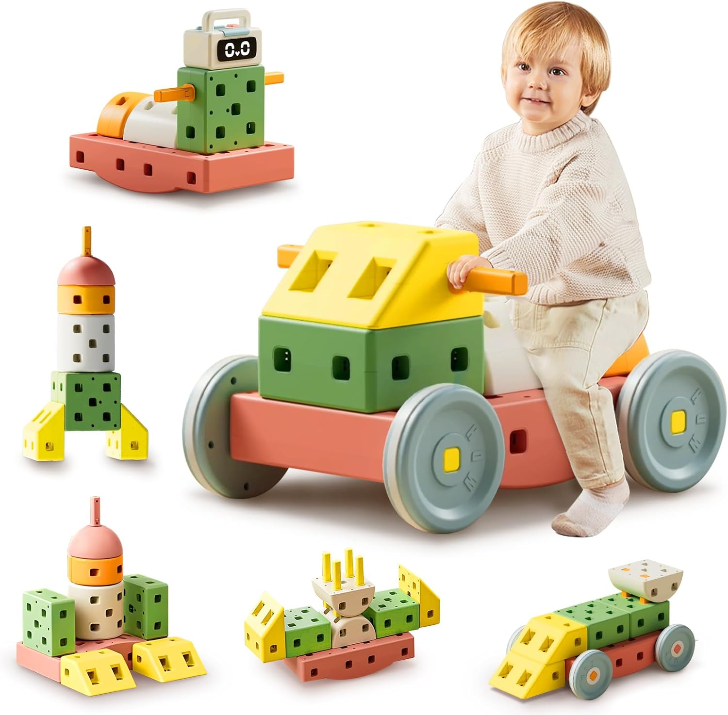 DIY Giant Building Blocks Set for Toddler - Big Stacking Soft Blocks with 8 Wheels for Kids with Shape & Color Learning - Large Blocks Cars Educational STEM Toy for 3 4 5 6 7 8