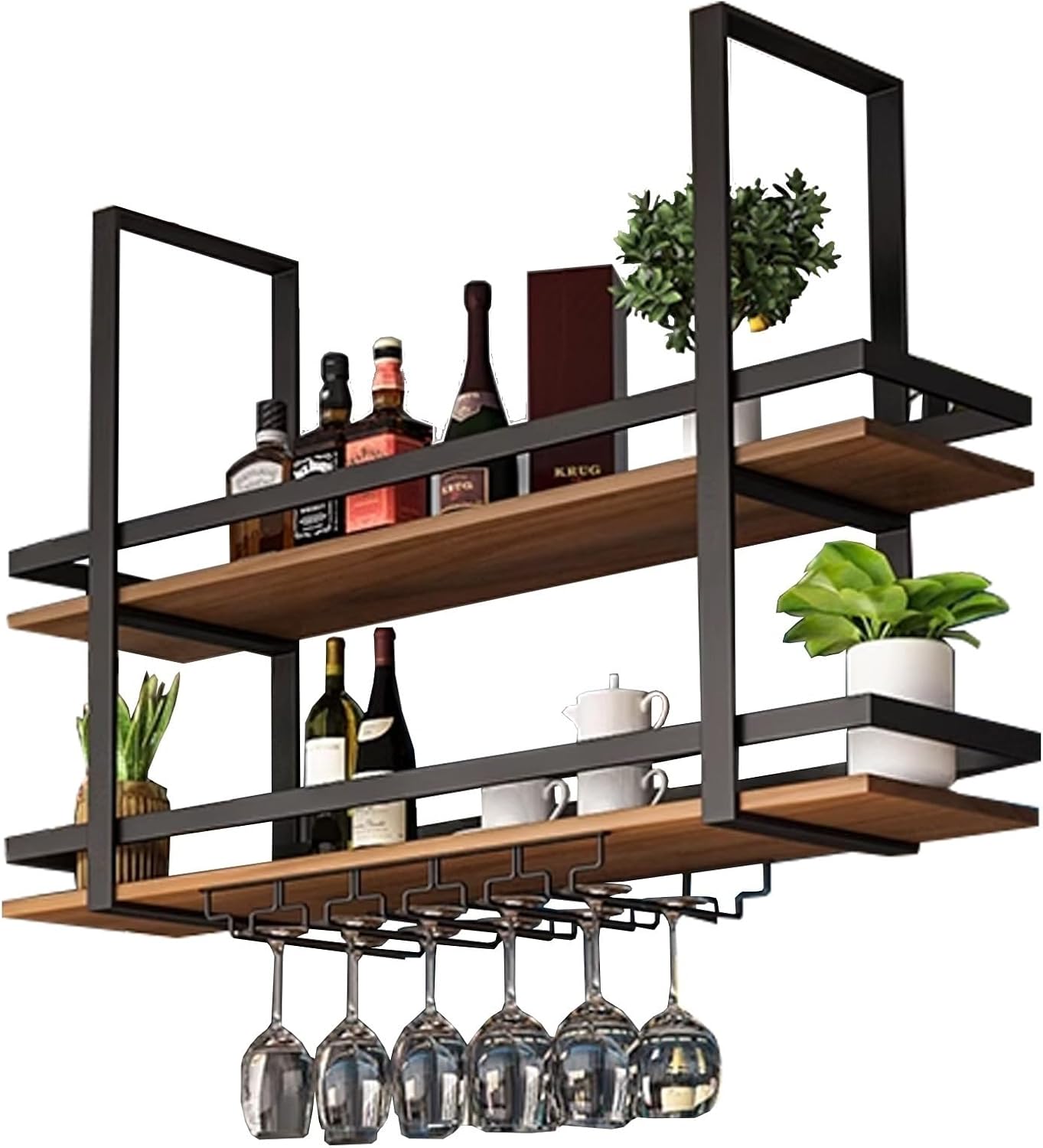 Wall Mounted Wine Rack with Glass Holder, Ceiling Wine Glass Rack Floating Bar Shelves, Hanging Wine Bottle Holder Metal Plant Storage Shelf for Dining Room, Industrial Design(80x3