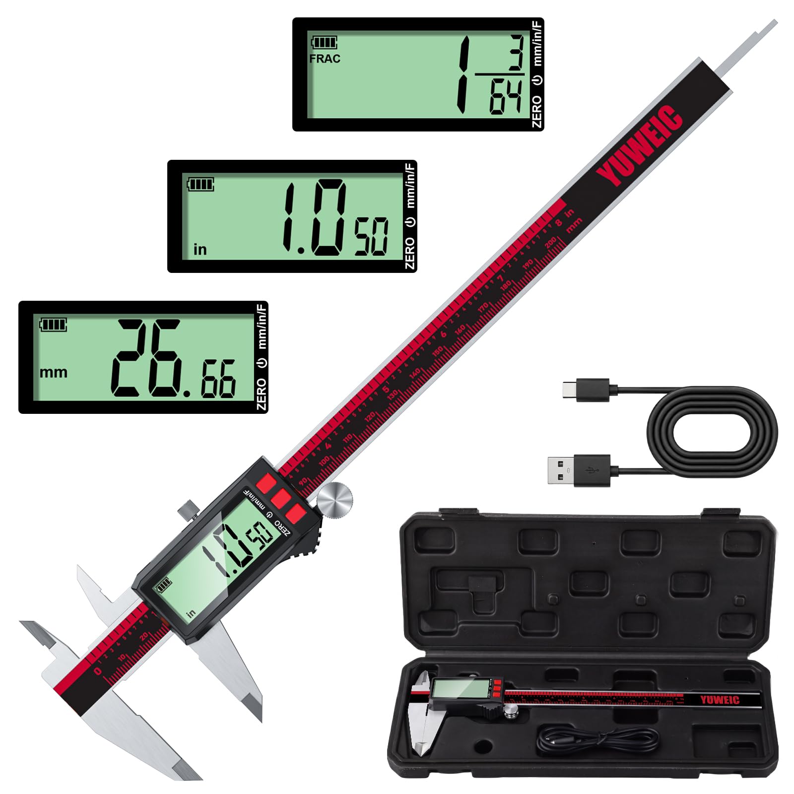 Calibrador digital de 8 pulgadas, calibradores recargables con pantalla LCD, pulgadas/mm/fracción, herramienta de medición de calibrador Vernier de acero inoxidable para bricolaje, hogar