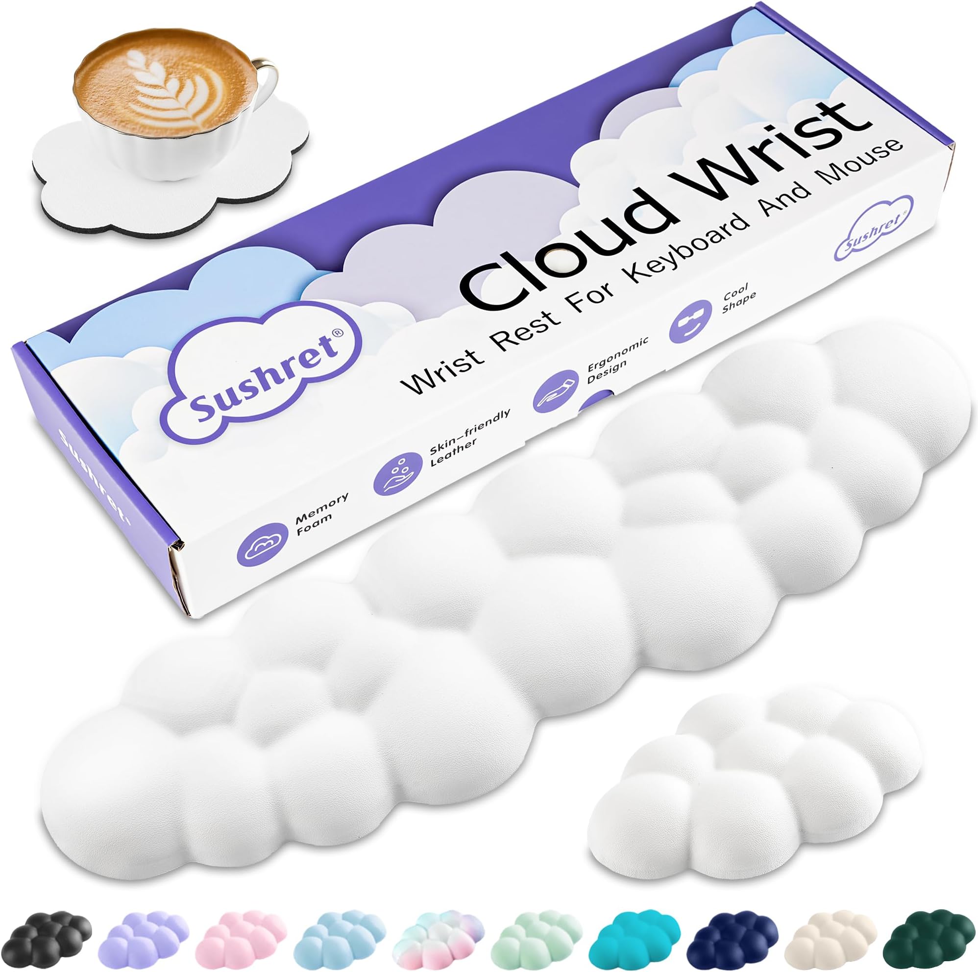 Sushret Wrist Rest Cloud, PU Leather Memory Foam Cloud Palm Rest Set, Cute Wrist Rest Keyboard for Wrist Support and Armrest, Desk Cloud Wrist Pad for PC/Game/Hand Cushion/Computer (White)