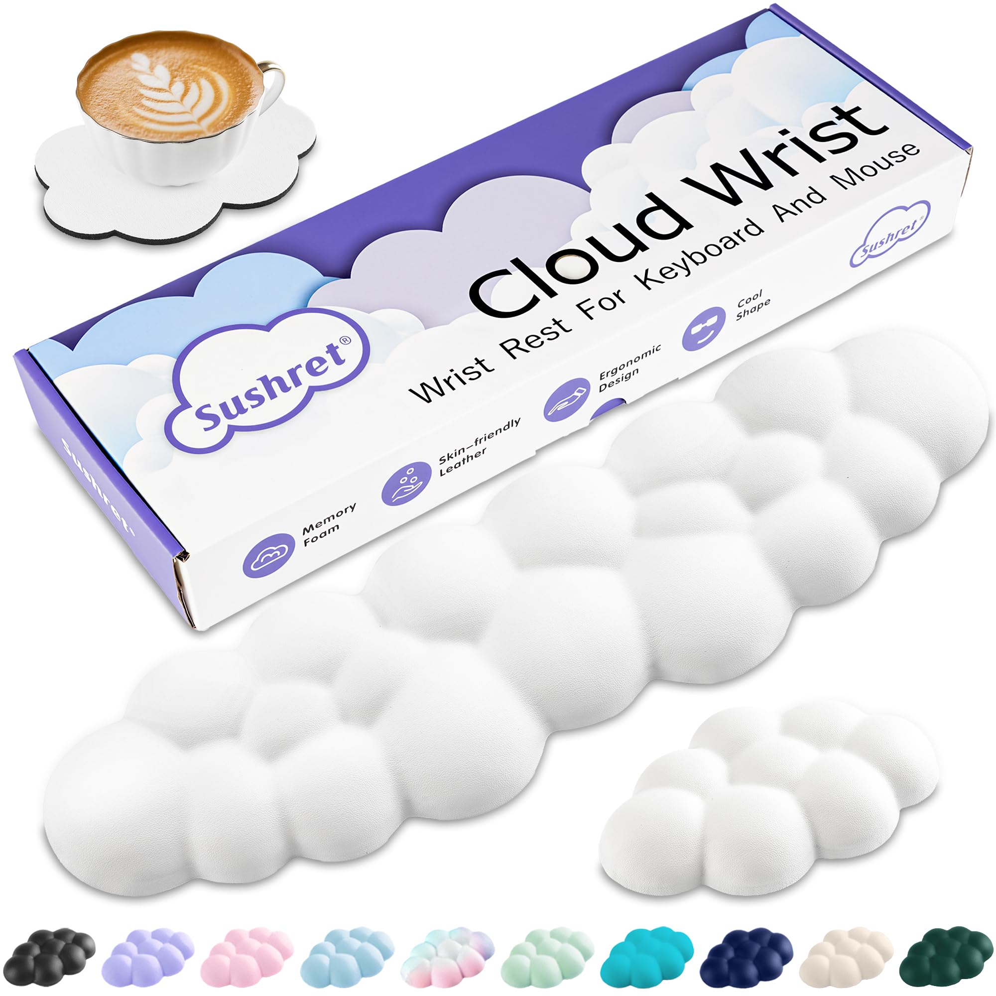 Wrist Rest Cloud,Cloud Palmrest Set with PU Leather Memory Foam,Cute Wrist Rest Keyboard for Wrist Support and Armrest,Desk Cloud Wrist Pad for PC/Game/Hand Cushion/Computer(White)
