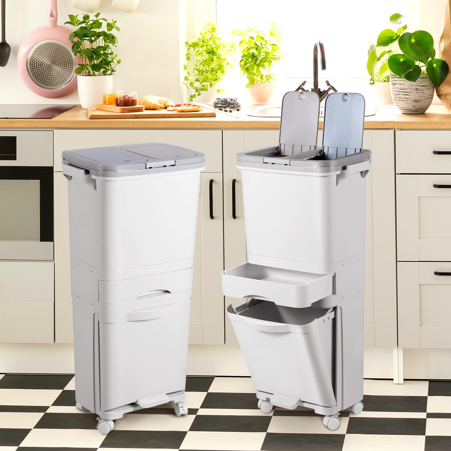Pattumiera Cucina 42L,2 Scomparti,Raccolta Differenziata con Pedale | Pattumiera con coperchio e apertura a pulsante,raccolta differenziata con pedale,secchi rimovibili e ruote