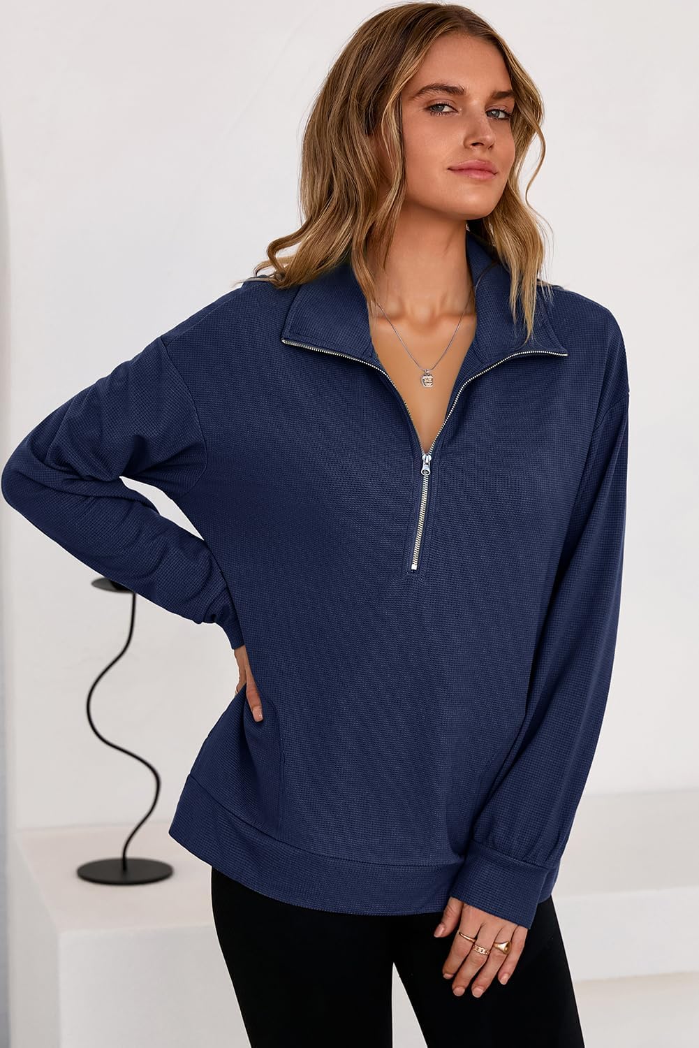 Dokotoo Womens Sweatshirt Waffle Knit Long Sleeve Lapel Half Zip Up Casual Lightweight Soft Sweatshirts Loose Pullover Tops - Image 2