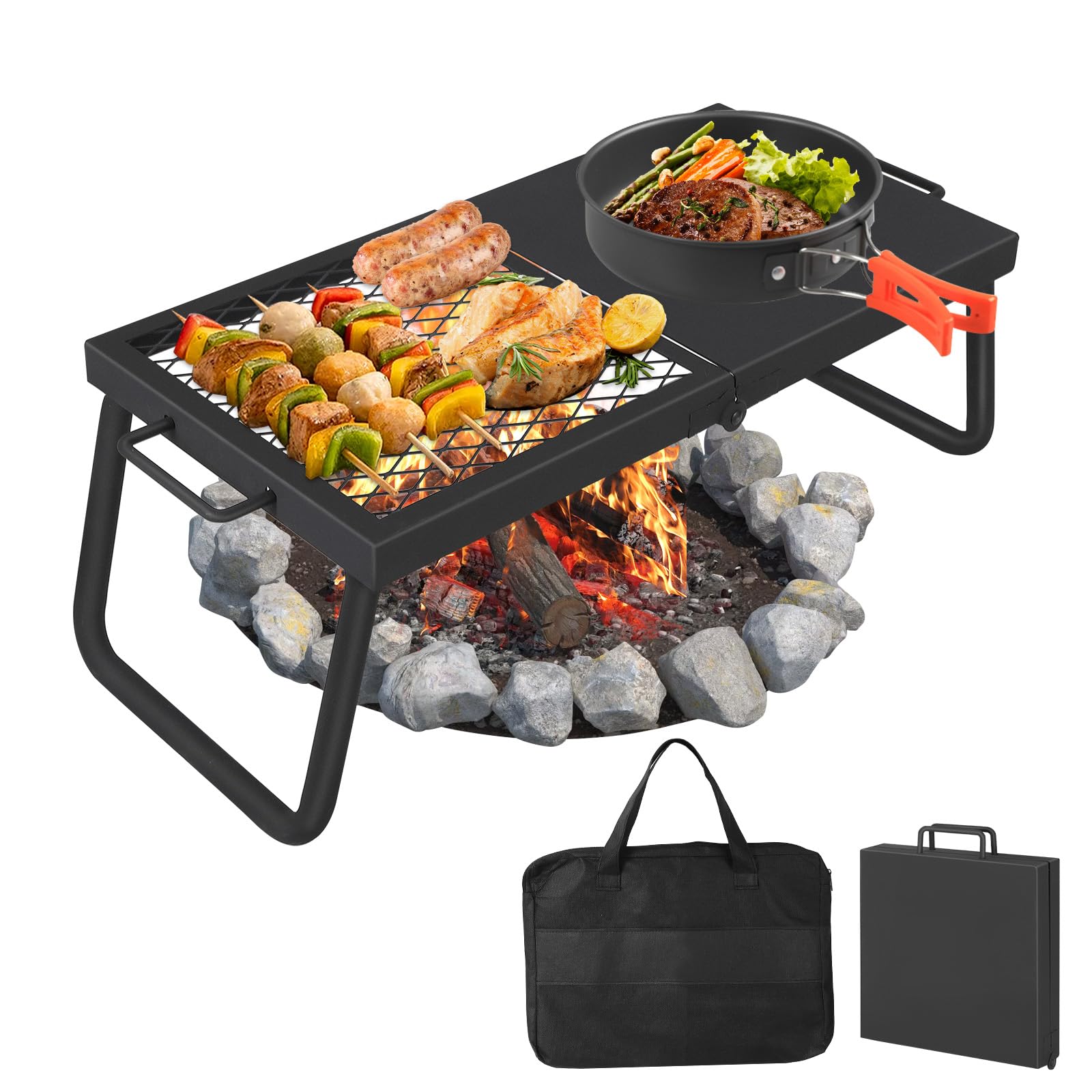 Garveemore Black Heavy-Duty Folding Campfire Grill & Griddle - 22.4 X 11.2 Inch Portable Bbq Cooking Grate, Alloy Steel Mesh Rack With 600°C Heat Resistance For Outdoor Camping, Fire Pit & Carry Bag