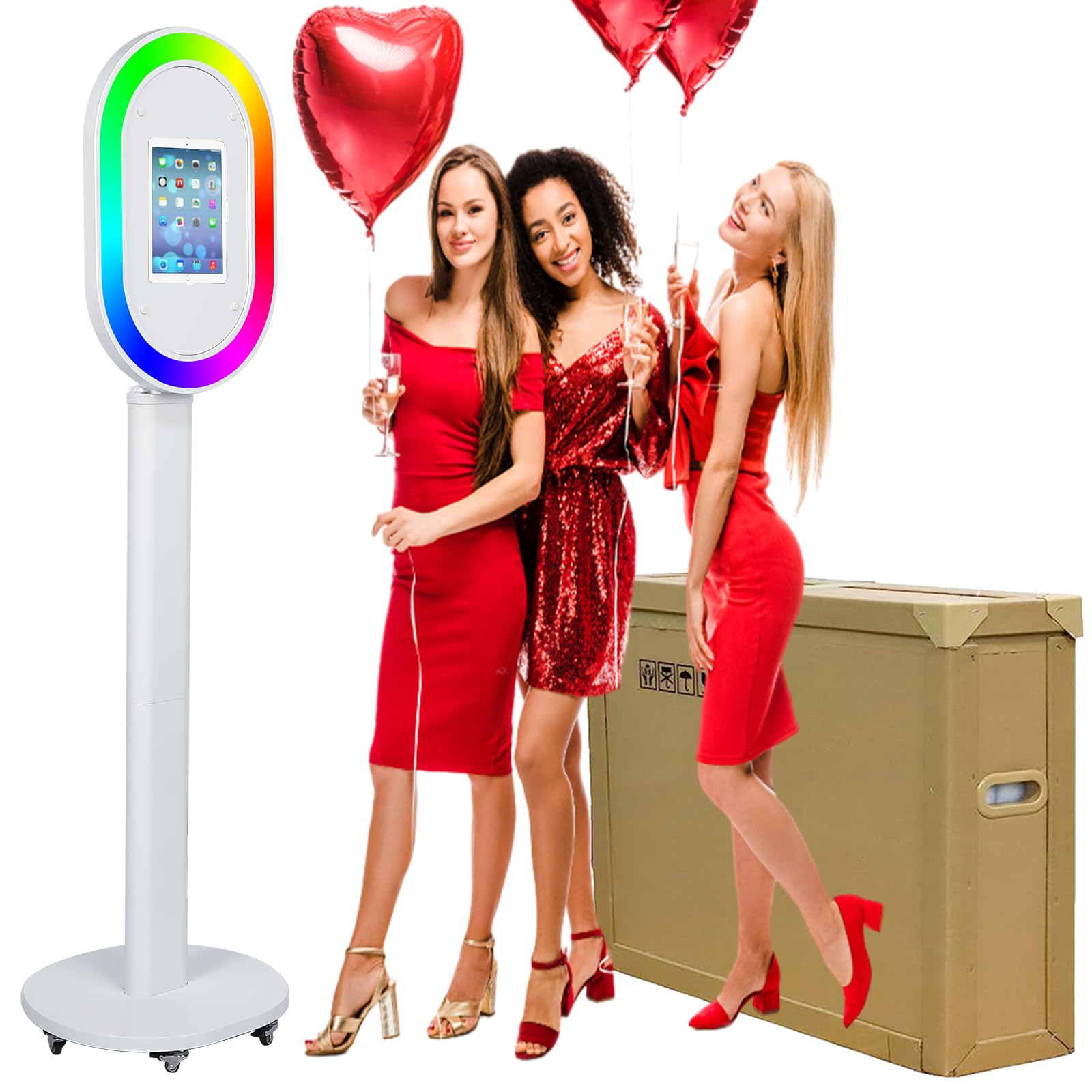 Photo Booth for iPad 10.2'' 10.5'' 10.9" 11" 12.9" 13" Shell Stand Selfie Station Customized Logo Photobooth Machine with Beauty RGB Ring Light and Honeycomb Box for Events Wedding Parties