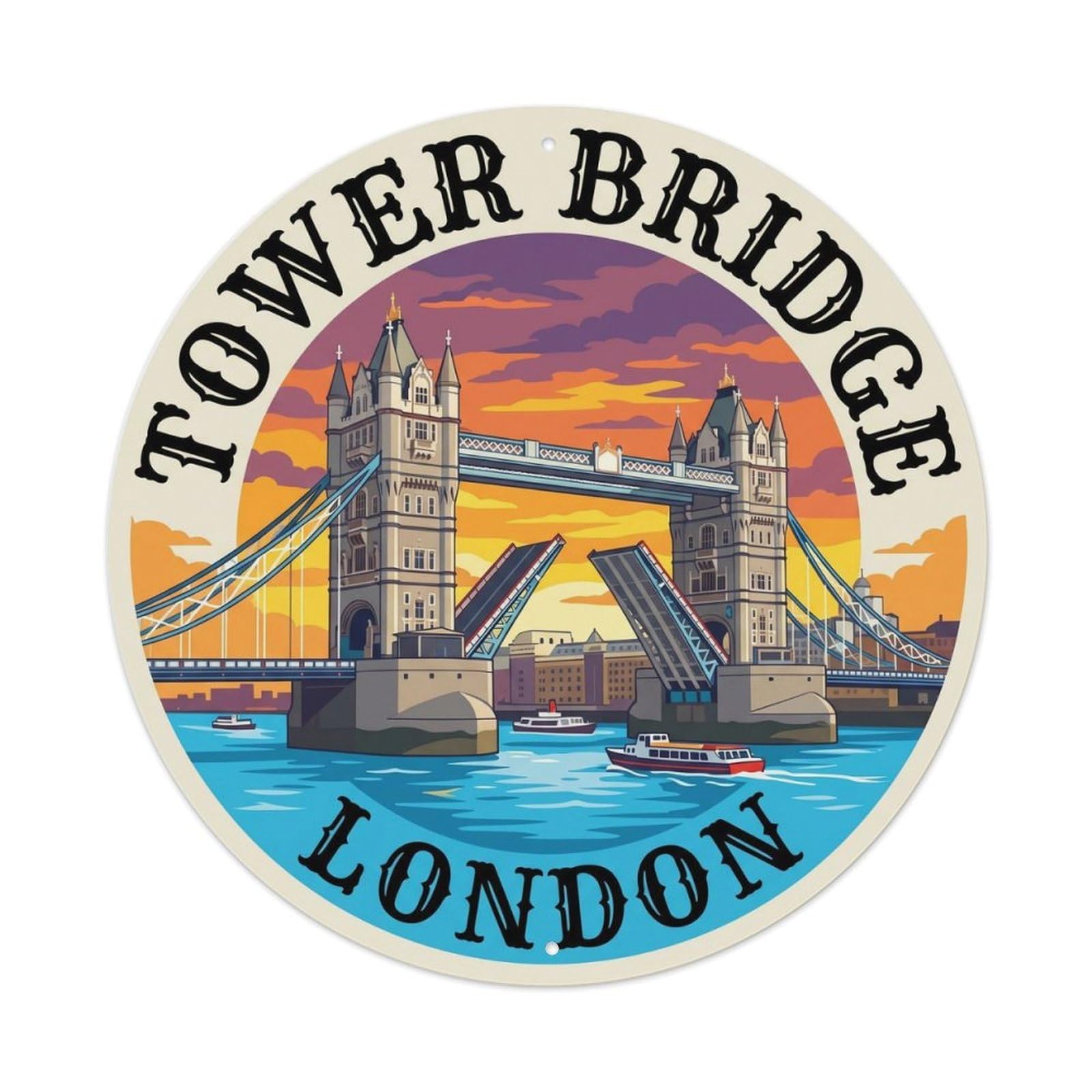 Vintage Travel Tower Bridge Drawbridge Metal Tin Sign Plaque Wall Decor for Cafe, Club Bar, Office, Home Garden Round Metal Poster 8x8Inch