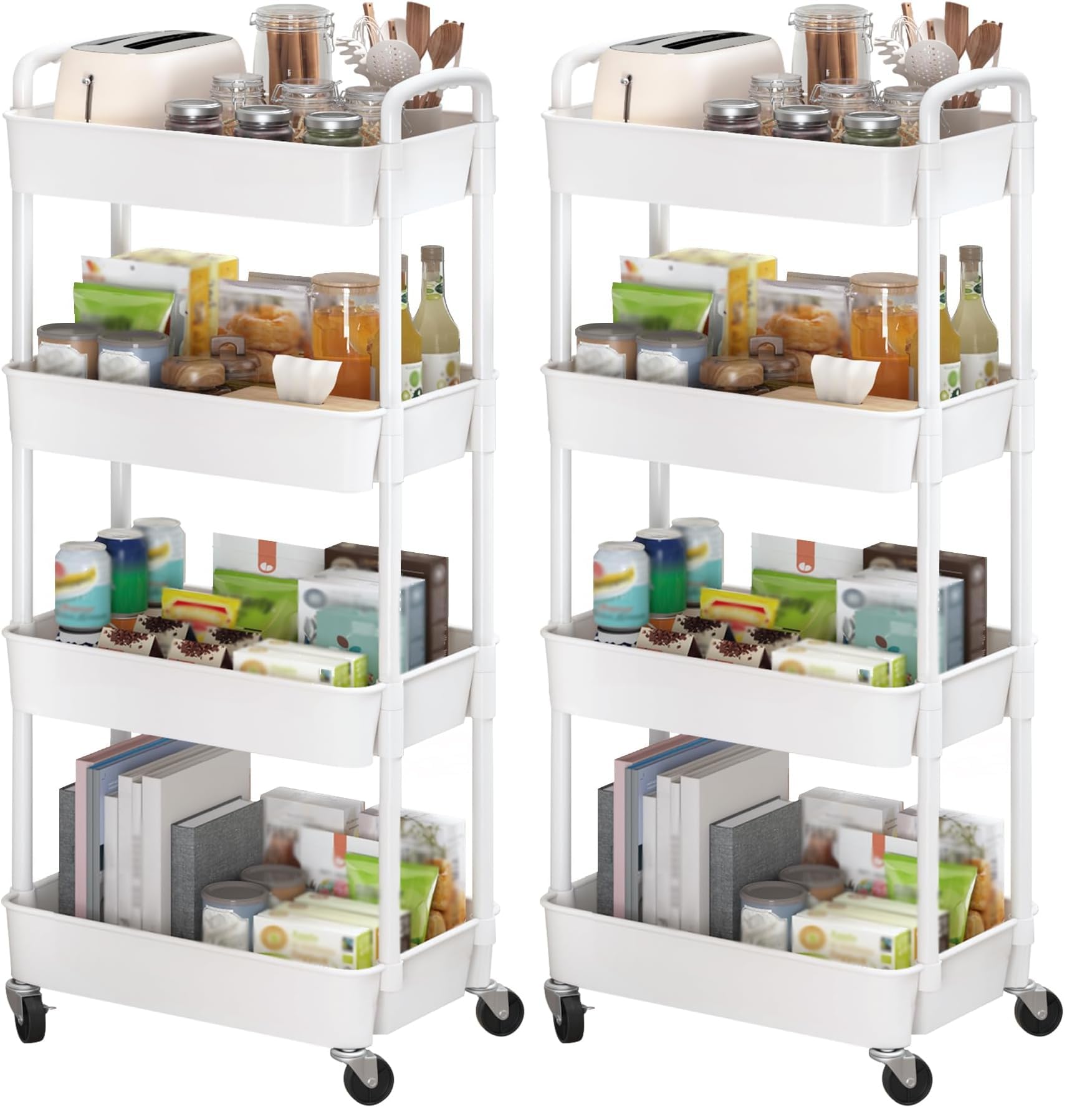 Sywhitta 4-Tier Plastic Rolling Utility Cart with Handle, Multi-Functional Storage Trolley for Office, Living Room, Kitchen, Movable Storage Organizer with Wheels, White (Pack of 2)