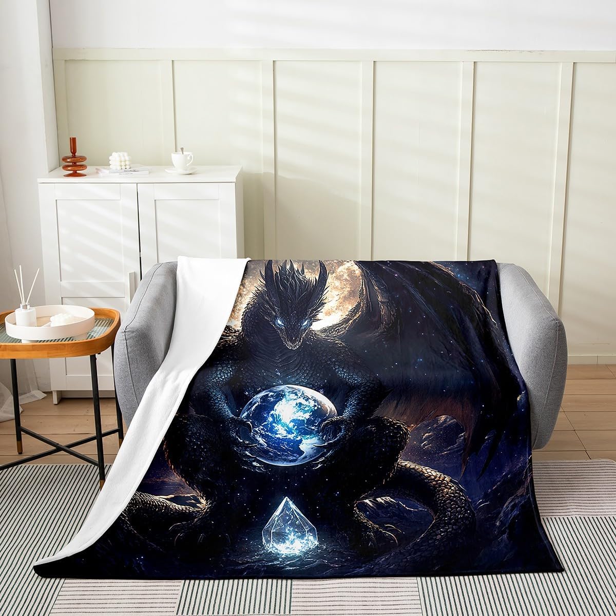 Feelyou Dragon Plush Throw Blanket Queen 90"x90" Dragon Stuff Flannel Fleece Blanket for Boys Girls Teens Wild Life All Season Bed Blanket Dragon Decor Blanket Room Decor Black