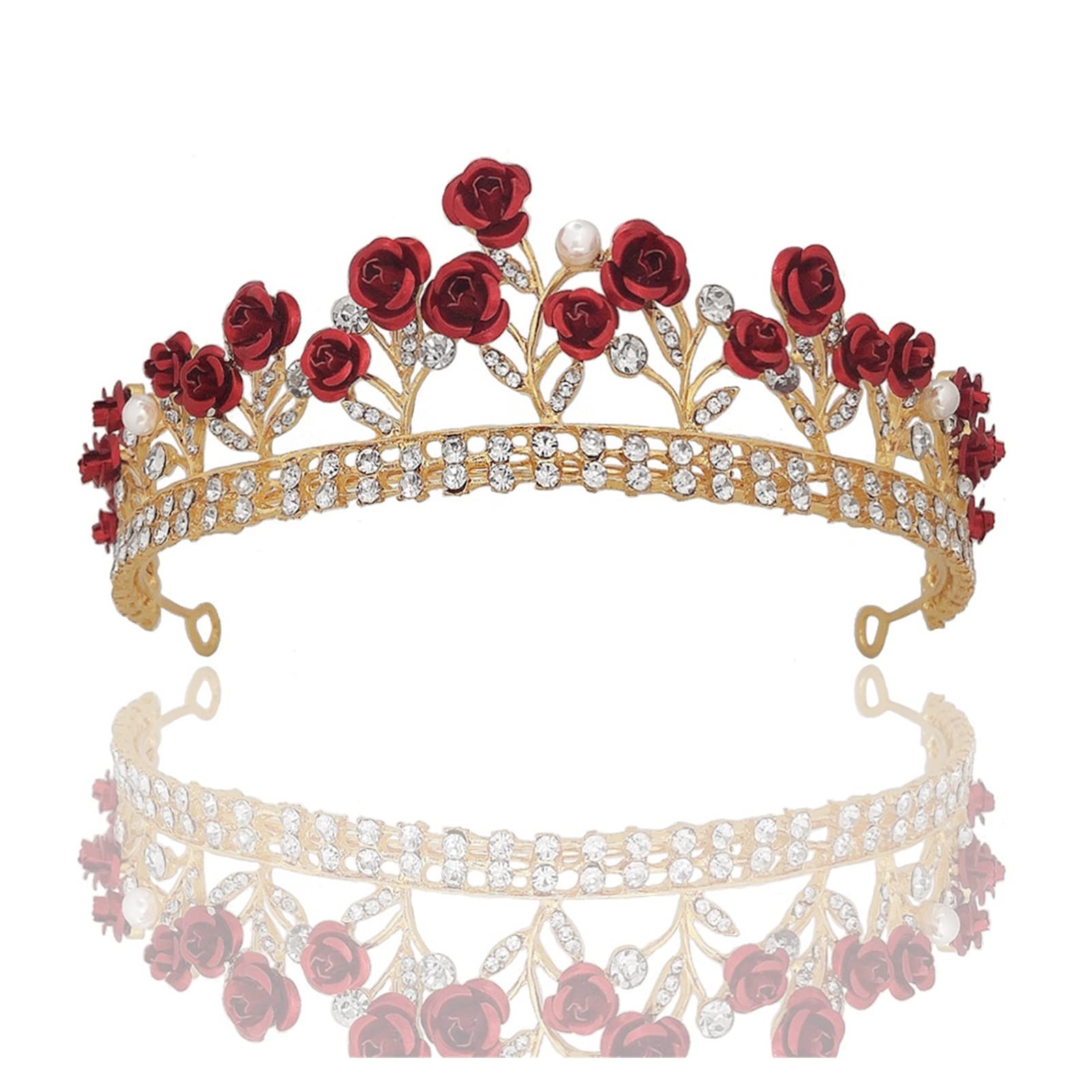 Kwiat kryształowa korona Tiara czerwona róża elegancka opaska do włosów z pałąkiem na głowę Diadem kobiety ślubne akcesoria do włosów dla nowożeńców biżuteria złoty kolor Tiara (kolor metalu: złoty)