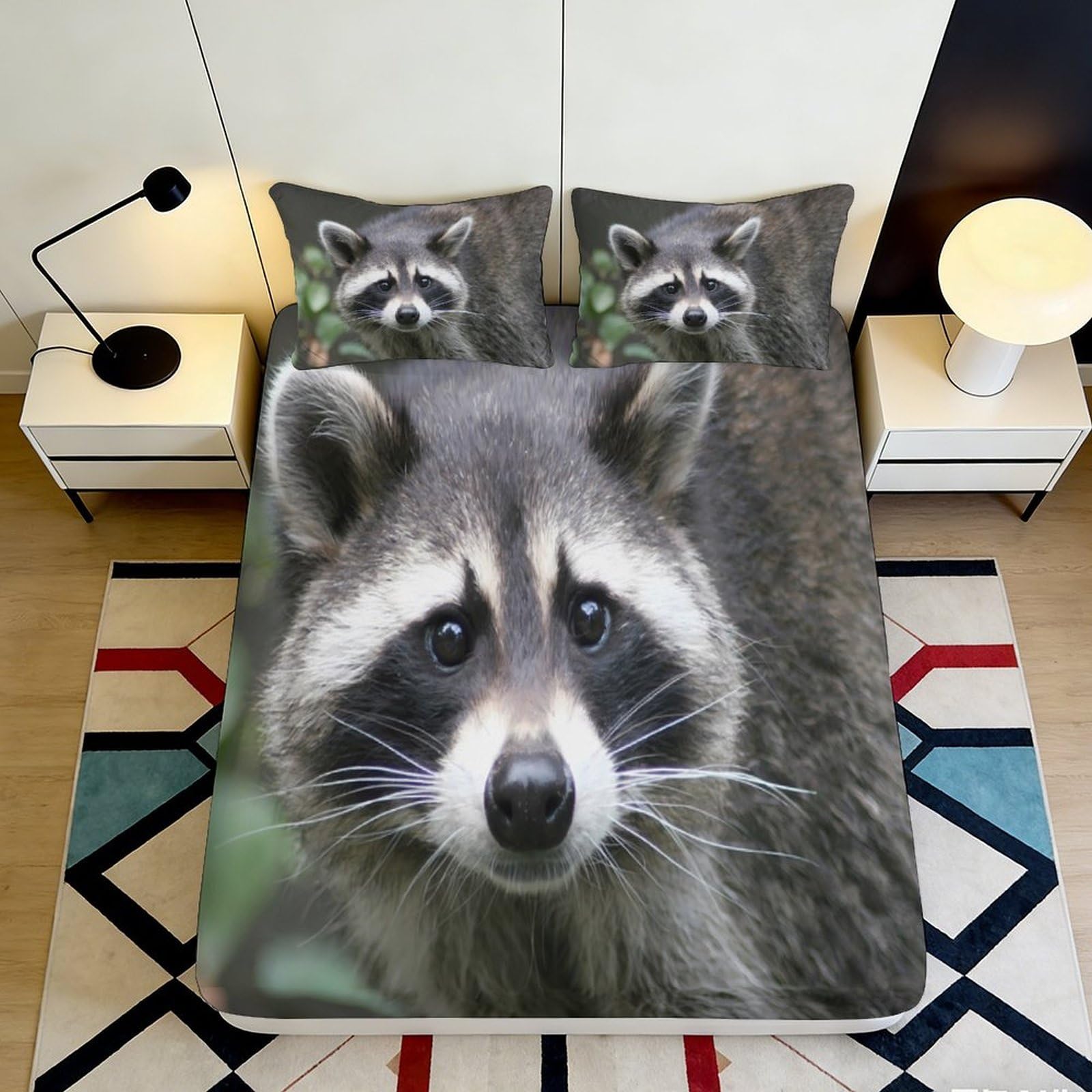 3D Printed Raccoon Animal Fitted Sheet Microfiber Soft Breathable Woodland Creature Bed Cover for Bedroom Dormitory Guest Room Mattress Protection Decor 180x200x25cm