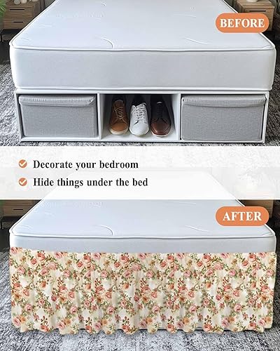 Miniatura 6 de Falda de cama clásica de flores, tamaño California King, caída de 18 pulgadas, ajustable y elástica, faldas de cama plisadas de lujo con volantes