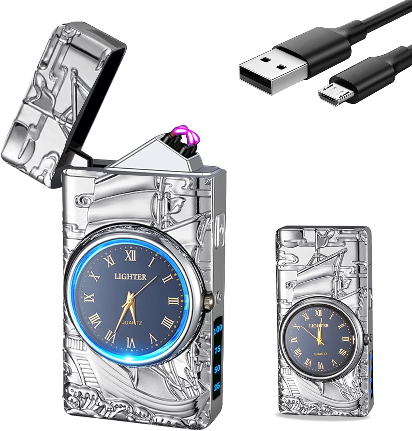 GADATOP Sail Lighter - Multifunctional Electric Arc Lighter, Windproof, Fashion Metal Luminous Watch Dial LED Lighting (Silver Sail)