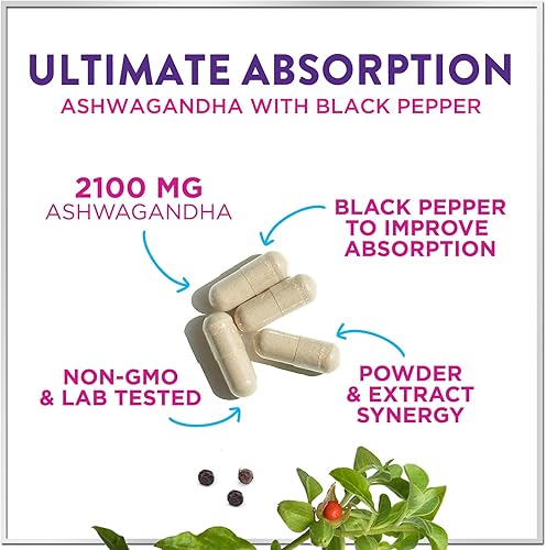 Miniatura 3 de Ashwagandha 2,100 mg - Suplementos de Ashwagandha para mujeres en cápsulas vegetales con polvo de ashwagandha y extracto de raíz, extra fuerte, a