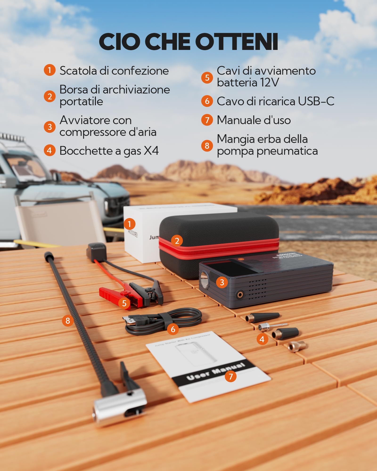 Booster Avviamento Auto,Avviatore per veicolo con Compressore Aria Portatile,44.4Wh Avviatore Batteria Macchina,Jump Starter con LED Torcia,Ricarica USB-C,7in1 Kit di Viaggio e Attrezzi di Emergenza