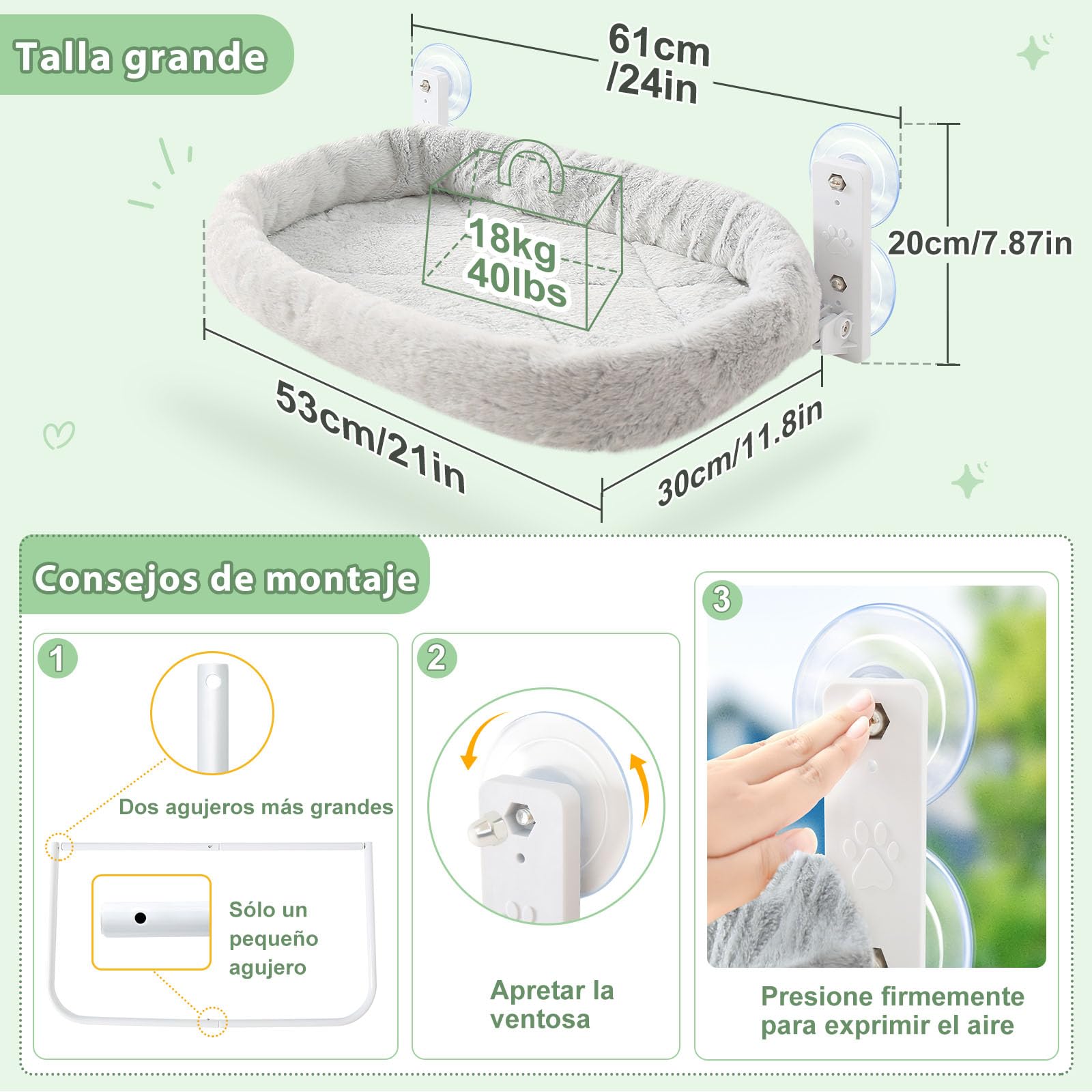 GUUSII HOME Hamaca Cama Gato Ventana Hamacas Colgante Plegable Amaca con Ventosa Gatos Grande Cálido Camita Alfombra Reversible de Interior Fácil de Instalar 53 * 30cm Soporta hasta 18kg