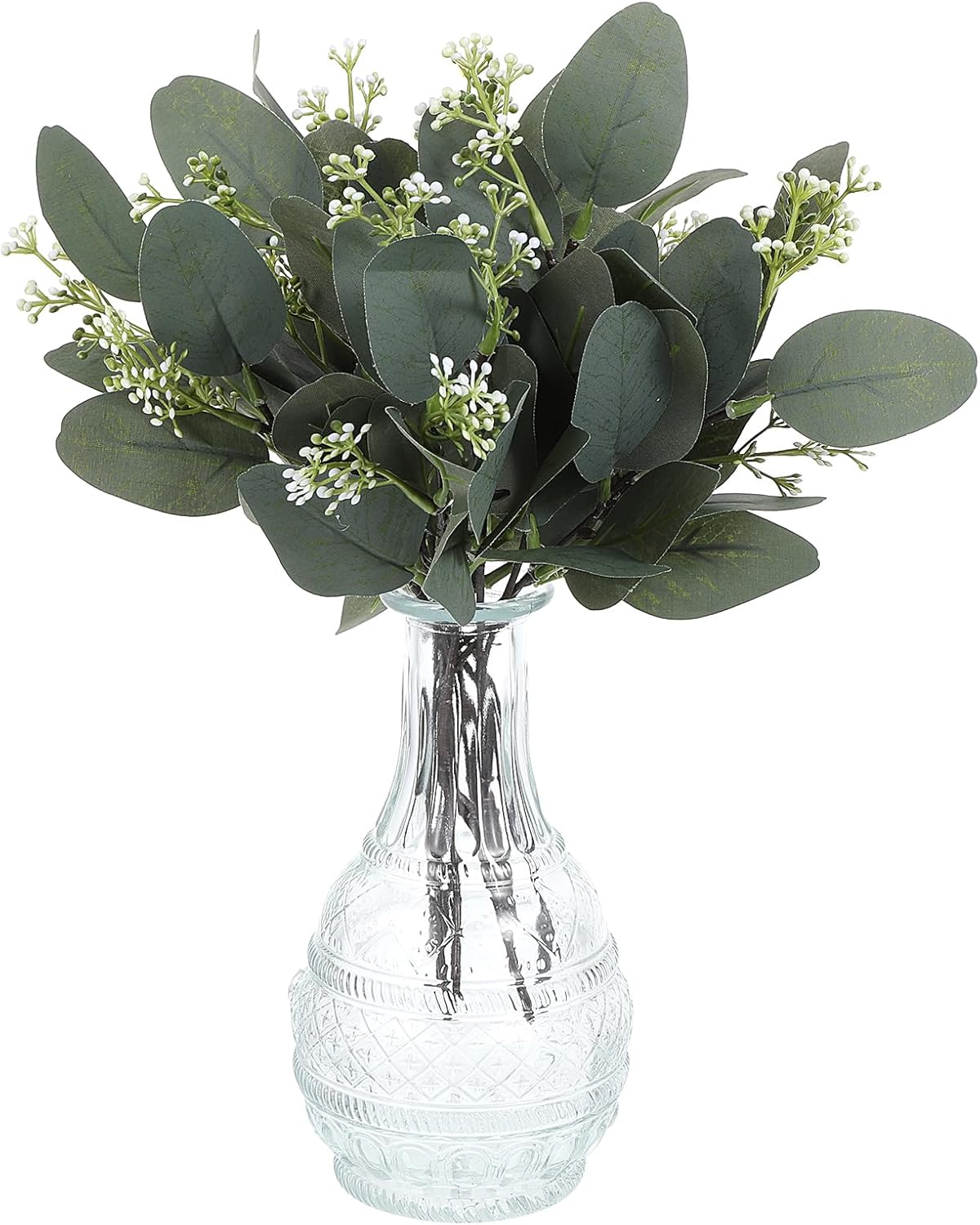 KALIONE 12 PCS Artificial Silver Dollar Eucalyptus Leaves Picks Stems and Faux Branches with White Seeds, 11.4'' Decoration Greenery Stems Plants for Vase Bouquets, Flower Arrangement(Style 2)