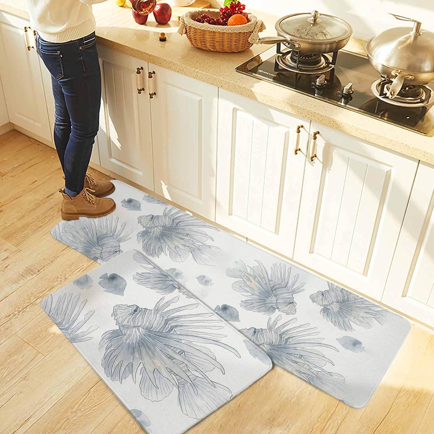 Beach Coastal Fish Kitchen Rugs and Mats Set of 2, Non-Slip Kitchen Sink Mat, Watercolor Sea Ocean Nautical Washable Doormat Bathroom Rugs Runner for Bedroom/Living Room 17.7"x30"+17.7"x47.2"