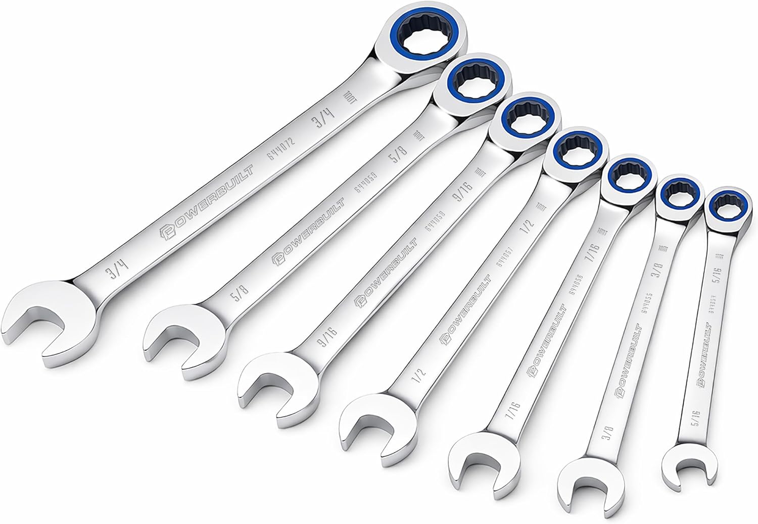 Powerbuilt 7 Piece 100 Tooth SAE Ratchet Wrench Set, Premium Chrome Vanadium Steel with Chrome Plated Finish, 100 Tooth Mechanism with 3.6° Swing, Size from 5/16" to 3/4"