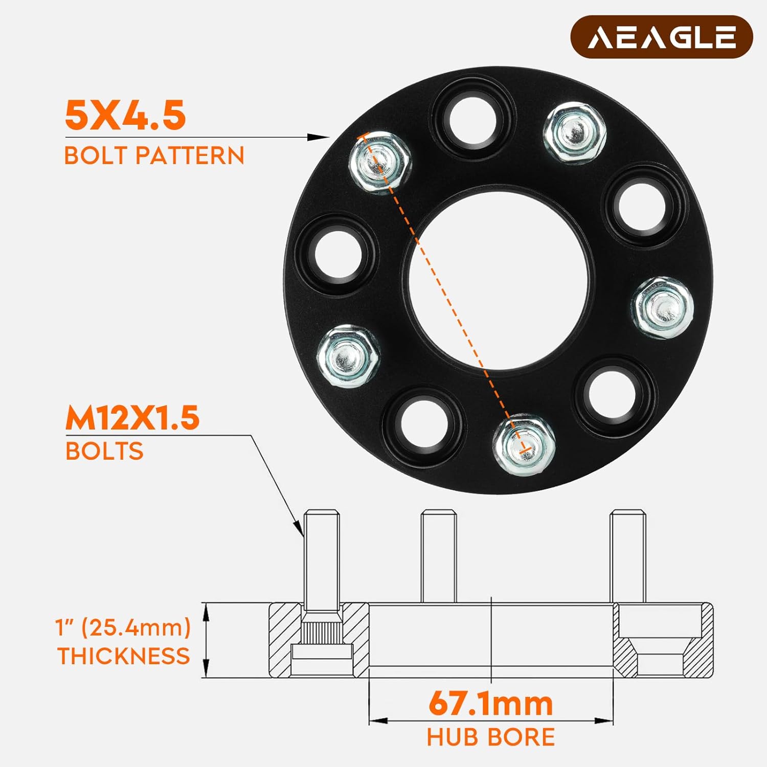 Aeagle 5x4.5 Hubcentric Wheel Adapters 1", M12x1.5 Studs 67.1mm Bore Forged 5 Lug 5x114.3mm Wheel Spacers for Coupe 2015-2016 Genesis 4PCS