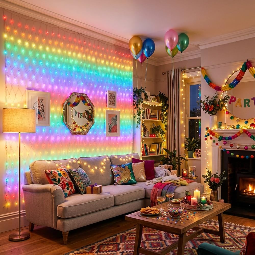 LightsGo Wodoodporne światło siatkowe, 320 diod LED, ciepła biel, 3 m x 2 m, łańcuch świetlny, dekoracja do wnętrz/na zewnątrz, Boże Narodzenie, wesele, przyjęcie (wielokolorowe)