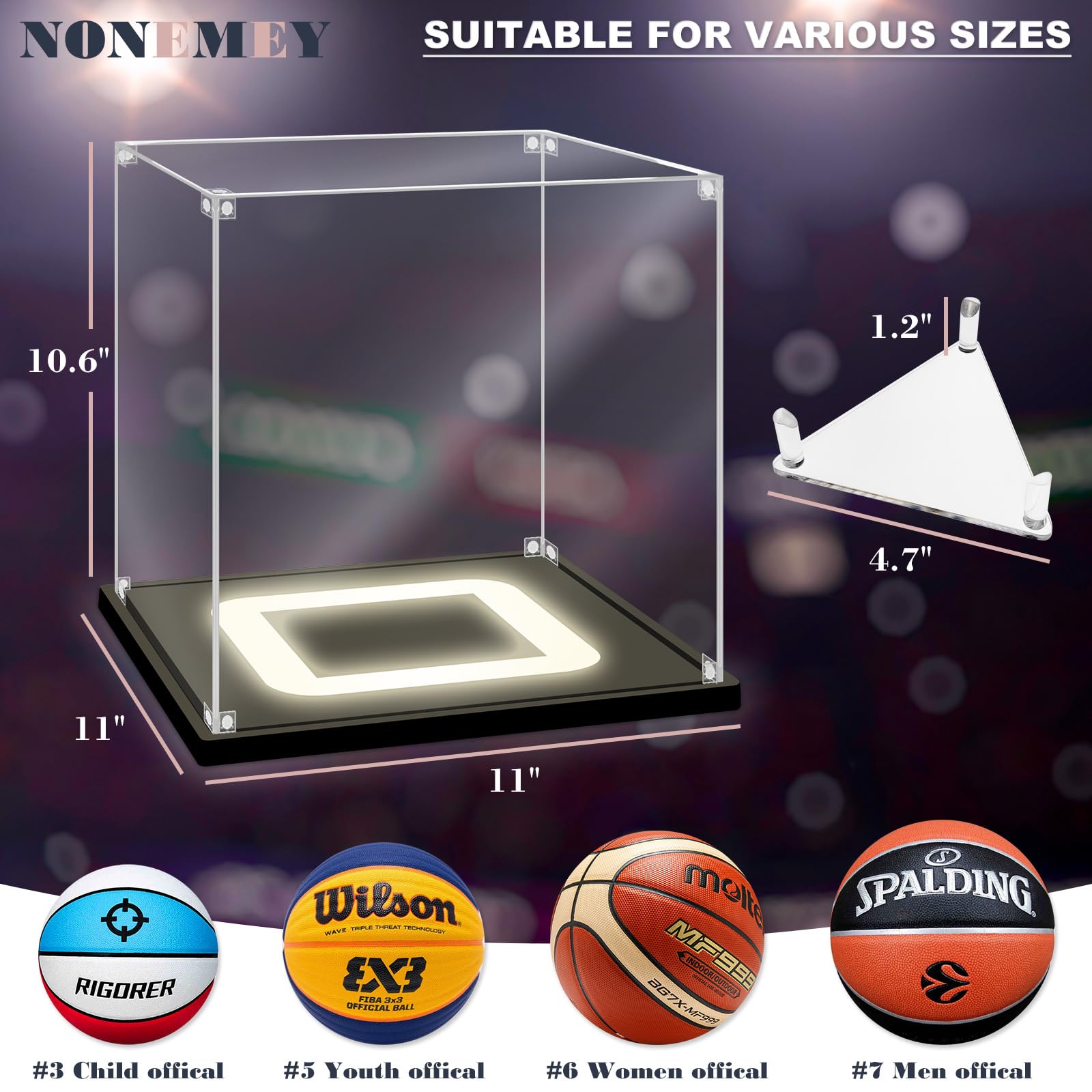 Nonemey Basketball Display Case with Light,Acrylic Basketball Box Full Size with Wood Base - Image 4
