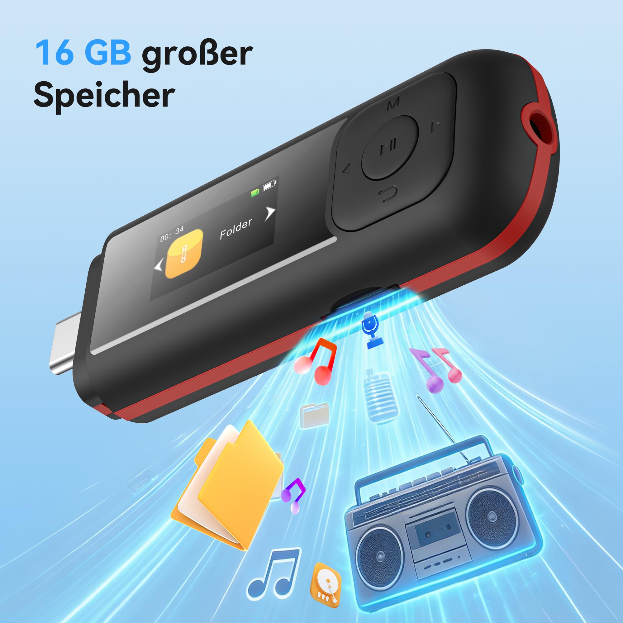 AGPTEK USB MP3 Player Klein Stick 16 GB | Tragbarer 2 in 1 Type-C & USB MP3-Player mit UKW-Radio, Aufnahme, Handy-Dateiübertragung (Kein Bluetooth) für Sport