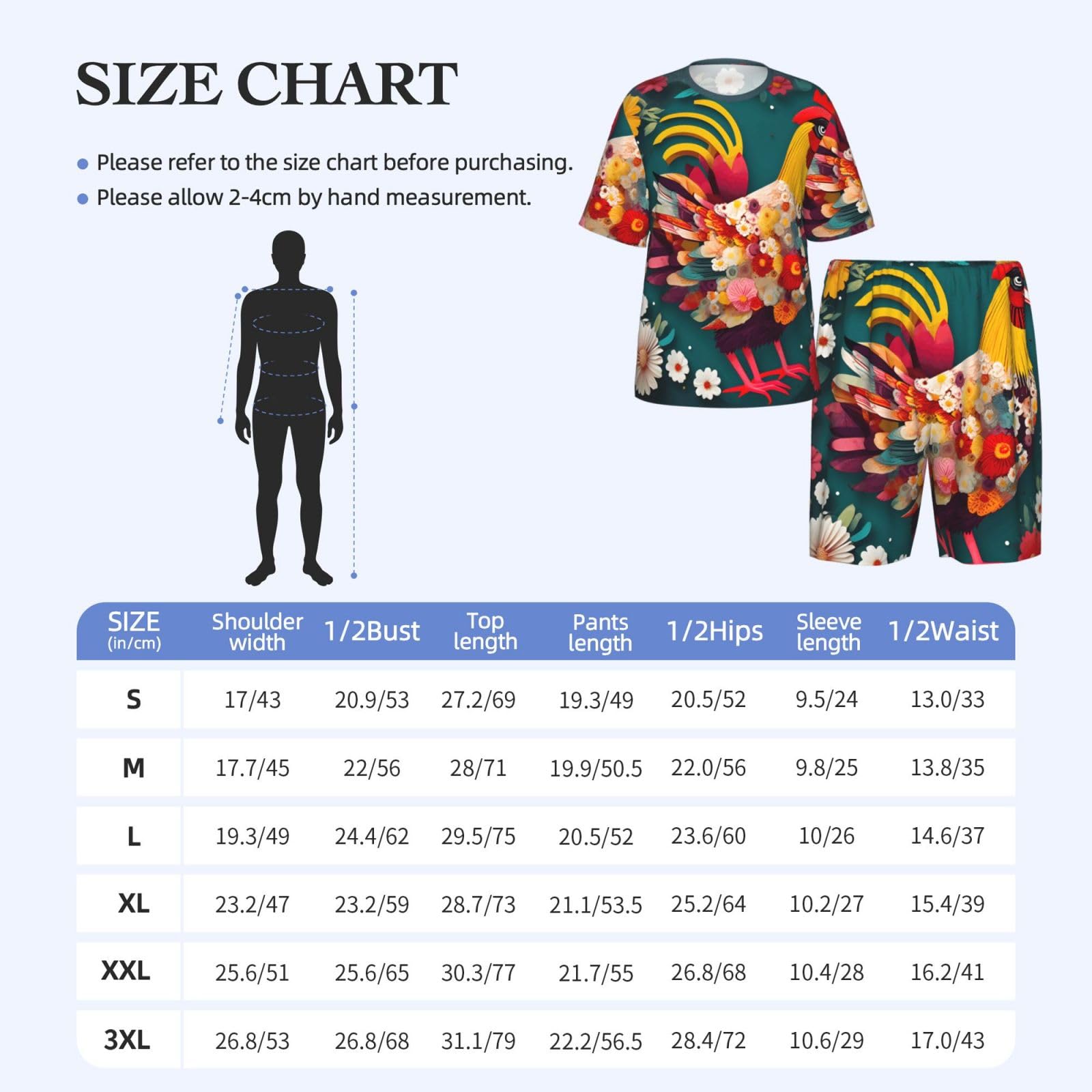 Conjunto de pijama clásico con estampado de pollo y corazón de flores, pantalones cortos de pijama suaves para hombre, perfecto para las noches de verano
