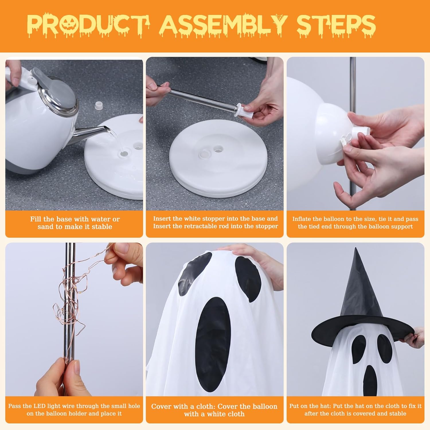 2 Pack Halloween Ghost Decorations with LED Lights & Witch Hats + 3D Ghost Projector Lights, Waterproof Outdoor Halloween Decor for Yard, Porch, Garden, Lawn & Party