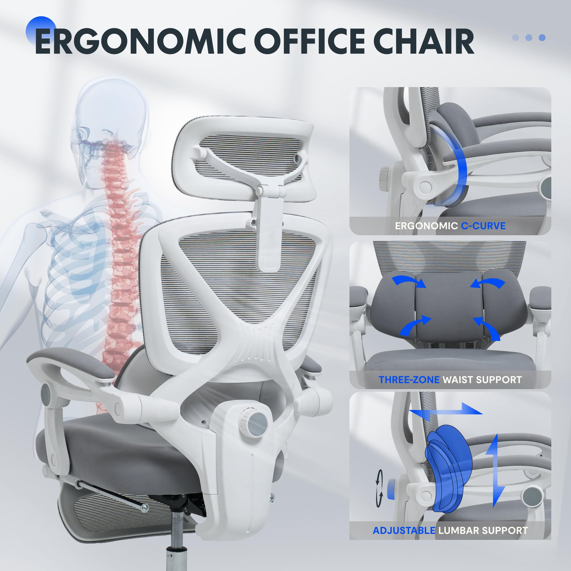FLEXISPOT Sedia da Ufficio Ergonomica Bianco-Grigia, Sedia Girevole a Forma di X con Inclinazione a 135°, Braccioli Collegati, Supporto Lombare Regolabile, Poggiapiedi e Poggiatesta 3D