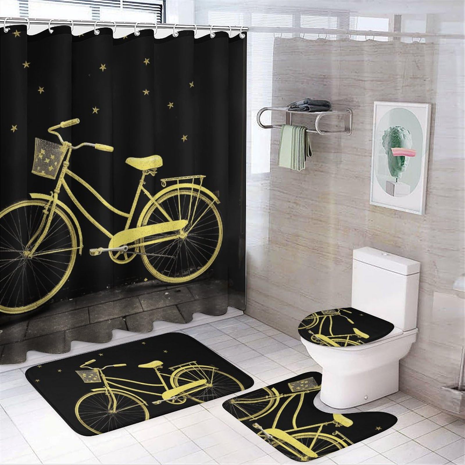 Rideau de douche imperméable jaune avec tapis antidérapants et couvre-siège WC