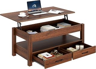 Rolanstar Lift Top Coffee Table with Drawers & Hidden Compartment - Retro Espresso Wooden Table for Living Room Storage