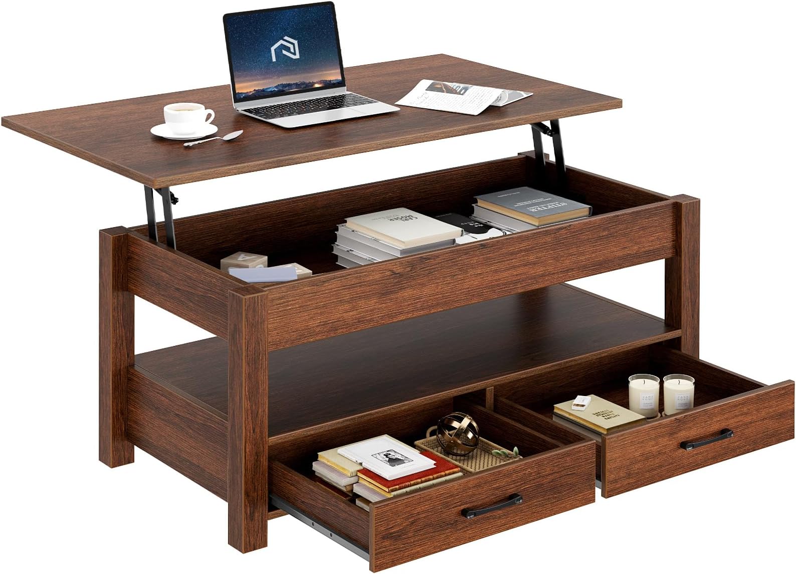 Rolanstar Coffee Table, Lift Top Coffee Table with Drawers and Hidden Compartment, Retro Central Table with Wooden Lift Tabletop, for Living Room,Espresso