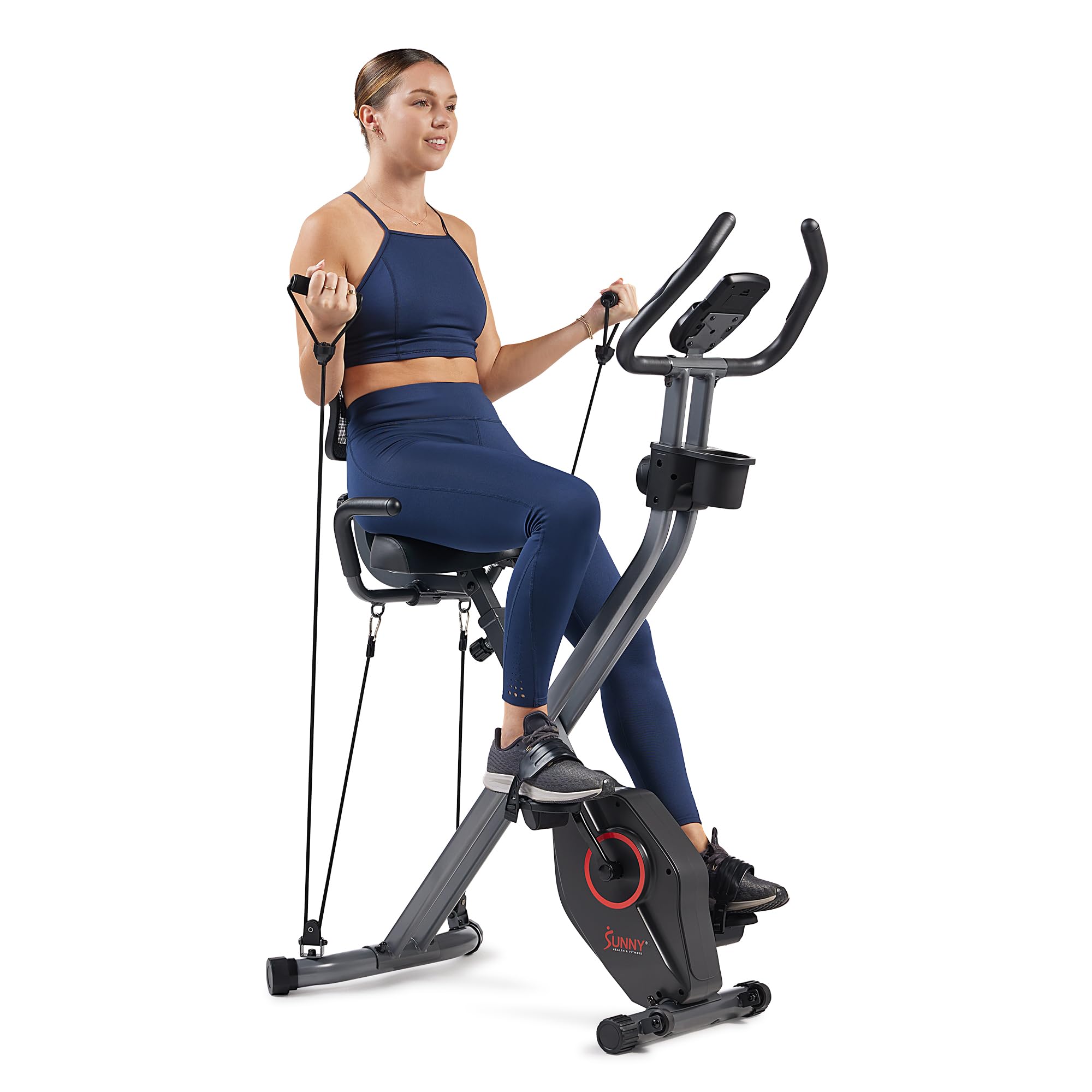 Sunny Health & Fitness Compact Exercise Bike for Home Use, 14-Level Magnetic Resistance X-Bike Foldable, Bluetooth & Free SunnyFit App, Indoor Bike Trainer with Resistance Band, Cardio Equipment